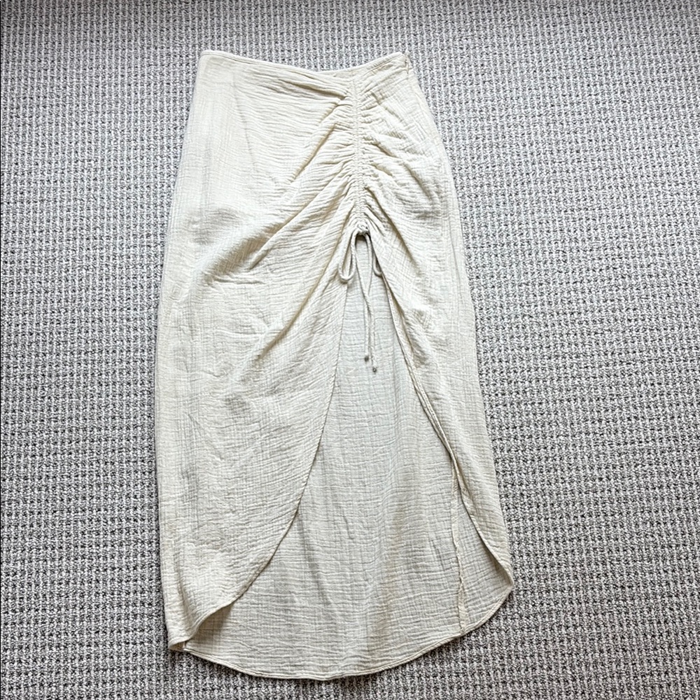 Free People Cream Midi Wrap Skirt with Ruched Tie Front